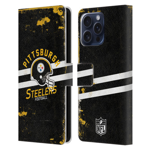 NFL Pittsburgh Steelers Logo Art Helmet Distressed Leather Book Wallet Case Cover For Apple iPhone 16 Pro Max