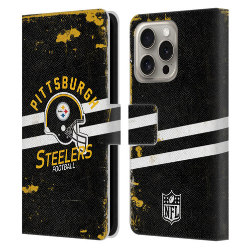 NFL Pittsburgh Steelers Logo Art Helmet Distressed Leather Book Wallet Case Cover For Apple iPhone 16 Pro