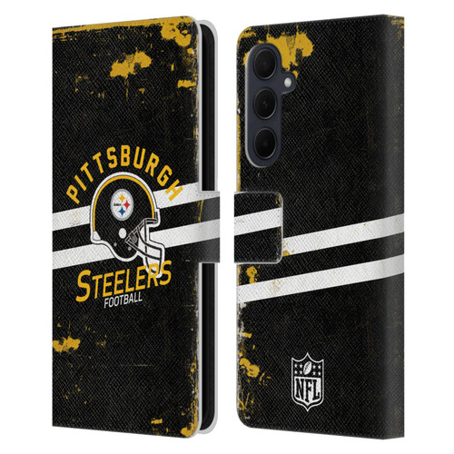 NFL Pittsburgh Steelers Logo Art Helmet Distressed Leather Book Wallet Case Cover For Samsung Galaxy A35 5G