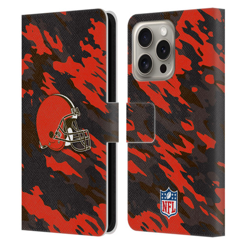 NFL Cleveland Browns Logo Camou Leather Book Wallet Case Cover For Apple iPhone 16 Pro