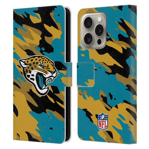 NFL Jacksonville Jaguars Logo Camou Leather Book Wallet Case Cover For Apple iPhone 16 Pro