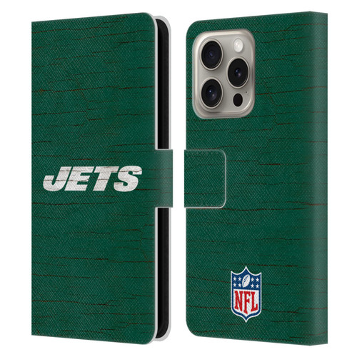 NFL New York Jets Logo Distressed Look Leather Book Wallet Case Cover For Apple iPhone 16 Pro