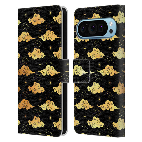 Haroulita Celestial Gold Cloud And Star Leather Book Wallet Case Cover For Google Pixel 9 / Pixel 9 Pro