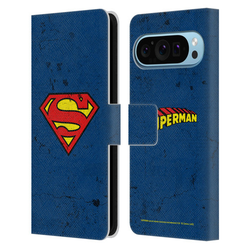 Superman DC Comics Logos Distressed Leather Book Wallet Case Cover For Google Pixel 9 / Pixel 9 Pro