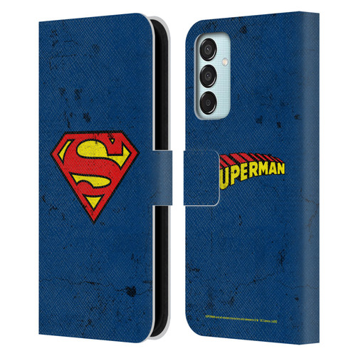 Superman DC Comics Logos Distressed Leather Book Wallet Case Cover For Samsung Galaxy M15/F15 5G