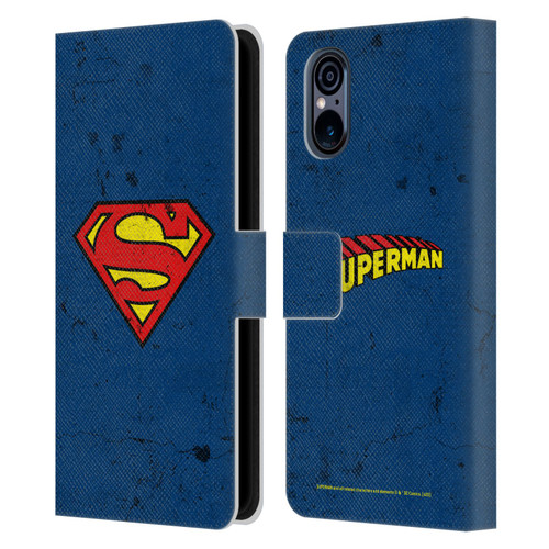 Superman DC Comics Logos Distressed Leather Book Wallet Case Cover For Sony Xperia 5 V 5G