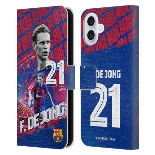 FC Barcelona 2023/24 First Team Frenkie de Jong Leather Book Wallet Case Cover For Apple iPhone 16 Plus