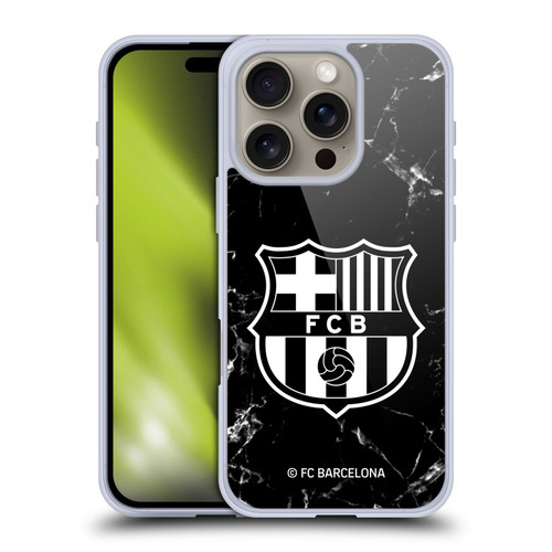 FC Barcelona Crest Patterns Black Marble Soft Gel Case for Apple iPhone 16 Pro & MagSafe