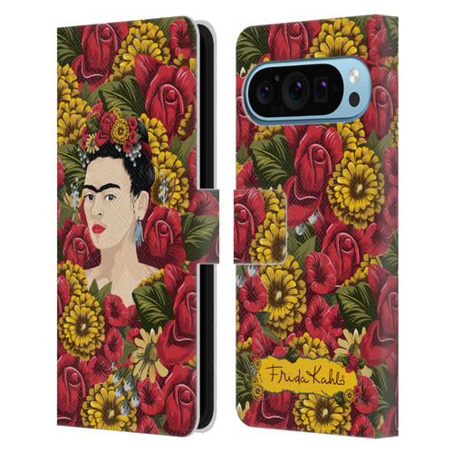 Frida Kahlo Red Florals Portrait Pattern Leather Book Wallet Case Cover For Google Pixel 9 / Pixel 9 Pro