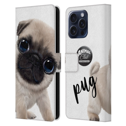 Animal Club International Faces Pug Leather Book Wallet Case Cover For Apple iPhone 16 Pro Max