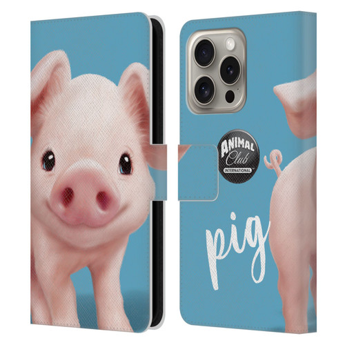 Animal Club International Faces Pig Leather Book Wallet Case Cover For Apple iPhone 16 Pro