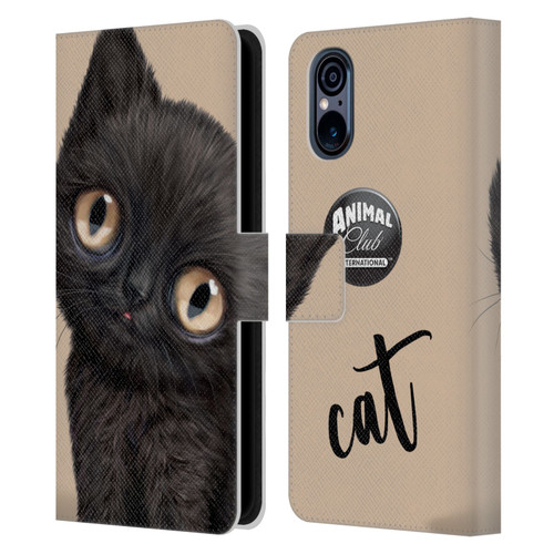 Animal Club International Faces Black Cat Leather Book Wallet Case Cover For Sony Xperia 5 V 5G