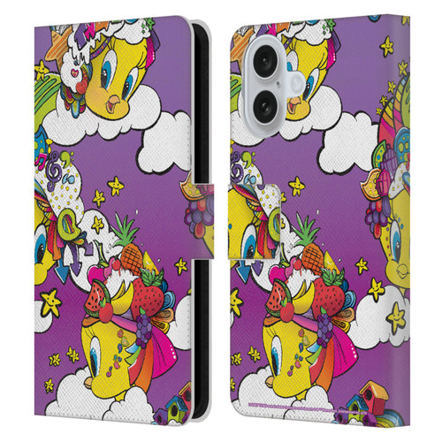 Looney Tunes Patterns Tweety Purple Leather Book Wallet Case Cover For Apple iPhone 16