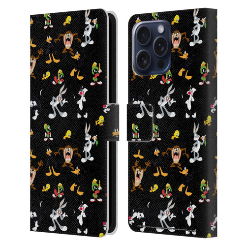 Looney Tunes Patterns Black Leather Book Wallet Case Cover For Apple iPhone 16 Pro Max