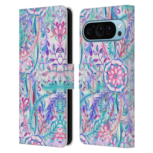 Micklyn Le Feuvre Florals Burst in Pink and Teal Leather Book Wallet Case Cover For Google Pixel 9 / Pixel 9 Pro