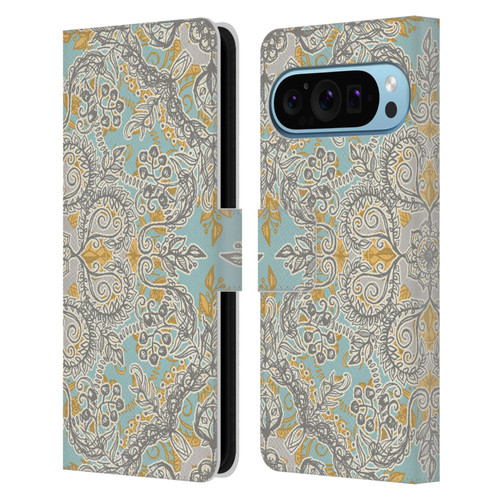 Micklyn Le Feuvre Floral Patterns Grey And Yellow Leather Book Wallet Case Cover For Google Pixel 9 / Pixel 9 Pro