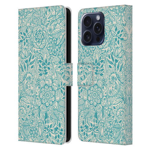 Micklyn Le Feuvre Floral Patterns Teal And Cream Leather Book Wallet Case Cover For Apple iPhone 16 Pro Max