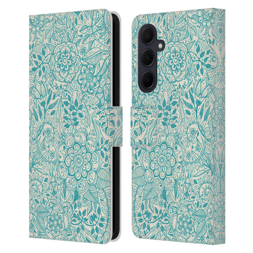 Micklyn Le Feuvre Floral Patterns Teal And Cream Leather Book Wallet Case Cover For Samsung Galaxy A35 5G