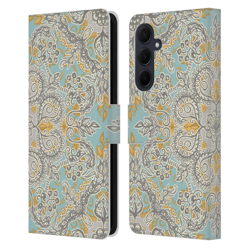 Micklyn Le Feuvre Floral Patterns Grey And Yellow Leather Book Wallet Case Cover For Samsung Galaxy A35 5G