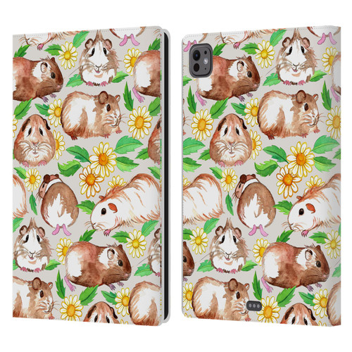 Micklyn Le Feuvre Patterns 2 Guinea Pigs And Daisies In Watercolour On Tan Leather Book Wallet Case Cover For Apple iPad Pro 11 M4 2024