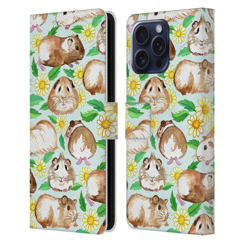 Micklyn Le Feuvre Patterns 2 Guinea Pigs And Daisies In Watercolour On Mint Leather Book Wallet Case Cover For Apple iPhone 16 Pro Max