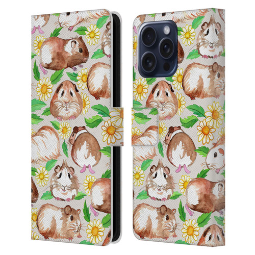 Micklyn Le Feuvre Patterns 2 Guinea Pigs And Daisies In Watercolour On Tan Leather Book Wallet Case Cover For Apple iPhone 16 Pro Max