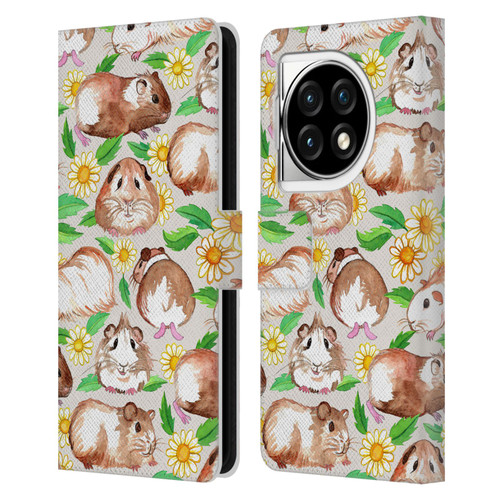 Micklyn Le Feuvre Patterns 2 Guinea Pigs And Daisies In Watercolour On Tan Leather Book Wallet Case Cover For OPPO OnePlus Ace 3 5G