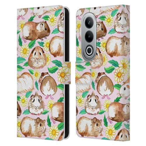 Micklyn Le Feuvre Patterns 2 Guinea Pigs And Daisies In Watercolour On Pink Leather Book Wallet Case Cover For OPPO OnePlus Ace 3V 5G