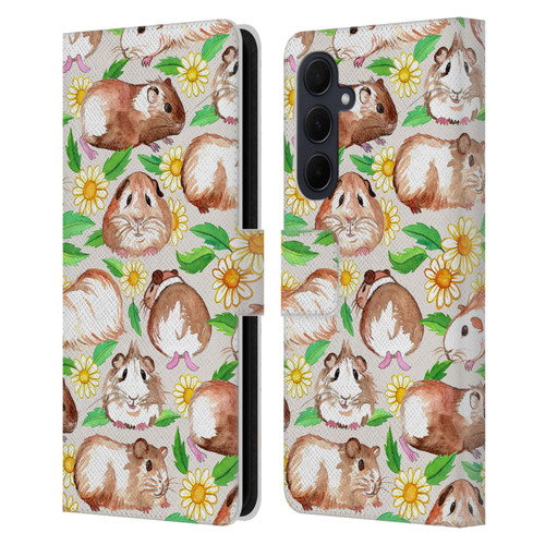 Micklyn Le Feuvre Patterns 2 Guinea Pigs And Daisies In Watercolour On Tan Leather Book Wallet Case Cover For Samsung Galaxy A35 5G