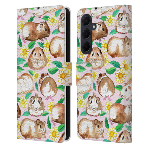 Micklyn Le Feuvre Patterns 2 Guinea Pigs And Daisies In Watercolour On Pink Leather Book Wallet Case Cover For Samsung Galaxy A35 5G