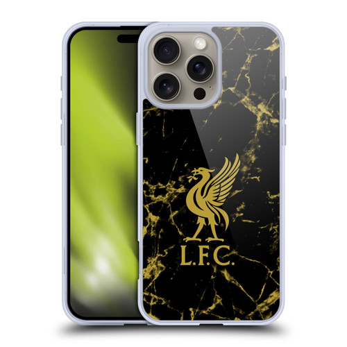 Liverpool Football Club Crest & Liverbird Patterns 1 Black & Gold Marble Soft Gel Case for Apple iPhone 16 Pro Max