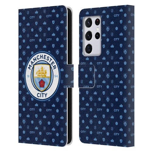 Manchester City Man City FC Patterns Dark Blue Leather Book Wallet Case Cover For Samsung Galaxy S21 Ultra 5G