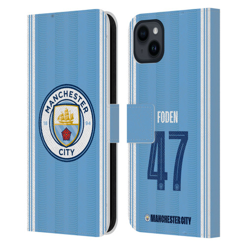 Manchester City Man City FC 2023/24 Players Home Kit Phil Foden Leather Book Wallet Case Cover For Apple iPhone 15 Plus