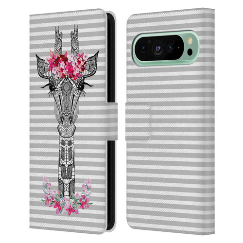 Monika Strigel Flower Giraffe And Stripes Grey Leather Book Wallet Case Cover For Google Pixel 9 Pro XL
