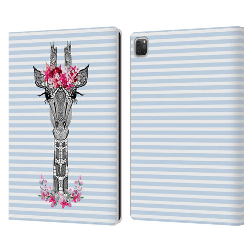 Monika Strigel Flower Giraffe And Stripes Blue Leather Book Wallet Case Cover For Apple iPad Pro 13 M4 2024