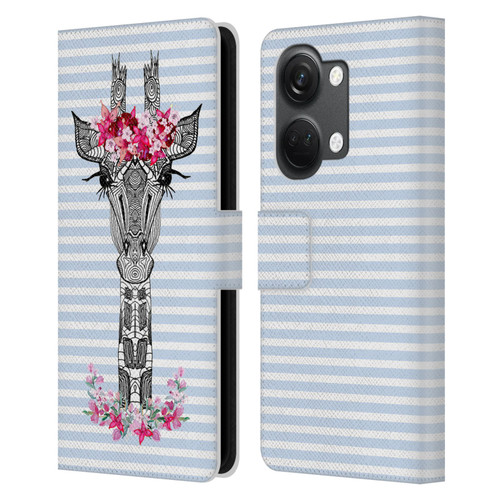 Monika Strigel Flower Giraffe And Stripes Blue Leather Book Wallet Case Cover For OnePlus Nord 3 5G