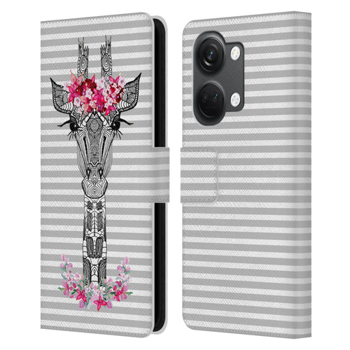 Monika Strigel Flower Giraffe And Stripes Grey Leather Book Wallet Case Cover For OnePlus Nord 3 5G