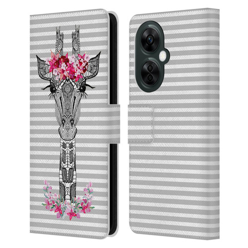 Monika Strigel Flower Giraffe And Stripes Grey Leather Book Wallet Case Cover For OnePlus Nord CE 3 Lite 5G