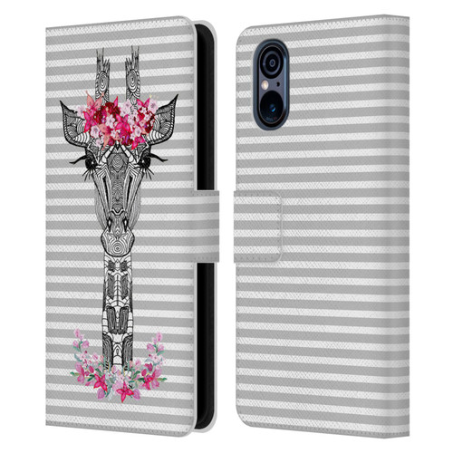 Monika Strigel Flower Giraffe And Stripes Grey Leather Book Wallet Case Cover For Sony Xperia 5 V 5G