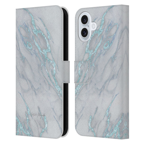 Nature Magick Marble Metallics Blue Leather Book Wallet Case Cover For Apple iPhone 16 Plus