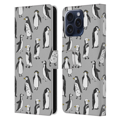 Andrea Lauren Design Birds Gray Penguins Leather Book Wallet Case Cover For Apple iPhone 16 Pro Max