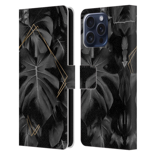 LebensArt Elegance in Black Deep Monstera Leather Book Wallet Case Cover For Apple iPhone 16 Pro Max