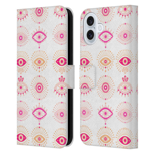 Cat Coquillette Linear Pink Evil Eyes Leather Book Wallet Case Cover For Apple iPhone 16 Plus