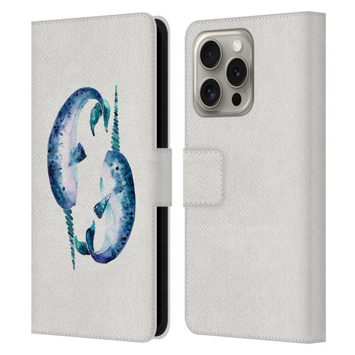 Cat Coquillette Sea Blue Narwhals Leather Book Wallet Case Cover For Apple iPhone 16 Pro