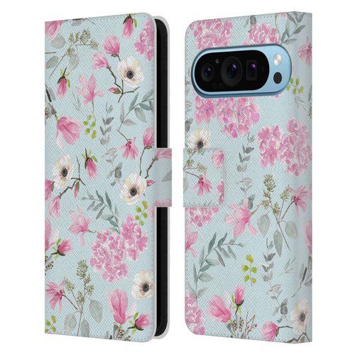 Anis Illustration Graphics Romantic Pattern Light Blue Leather Book Wallet Case Cover For Google Pixel 9 / Pixel 9 Pro