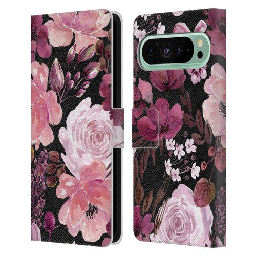 Anis Illustration Graphics Floral Chaos Dark Pink Leather Book Wallet Case Cover For Google Pixel 9 Pro XL