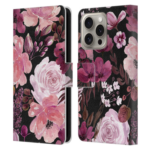 Anis Illustration Graphics Floral Chaos Dark Pink Leather Book Wallet Case Cover For Apple iPhone 16 Pro