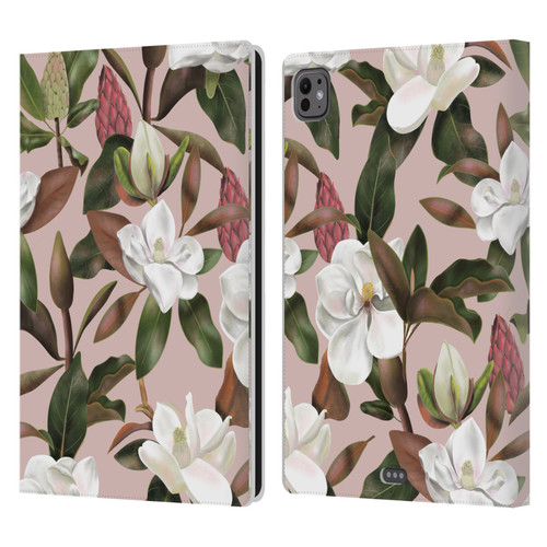 Anis Illustration Magnolias Pattern Light Pink Leather Book Wallet Case Cover For Apple iPad Pro 11 M4 2024