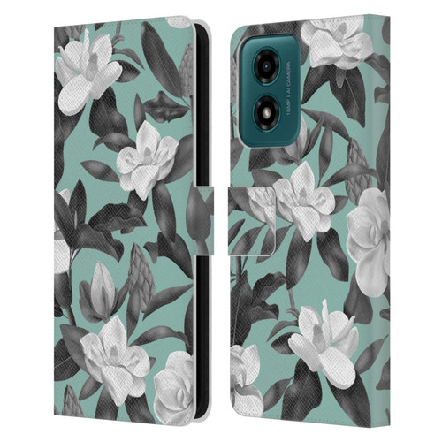 Anis Illustration Magnolias Grey Aqua Leather Book Wallet Case Cover For Motorola Moto G04/G04s/G24 4G