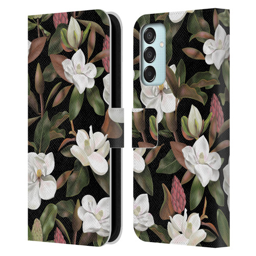 Anis Illustration Magnolias Pattern Black Leather Book Wallet Case Cover For Samsung Galaxy M15/F15 5G